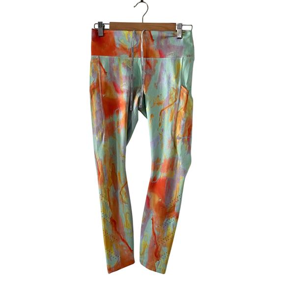 Nike Dri-Fit Epic Luxe Mid Rise 7/8 Pocket Leggings Size M Mint Orange Tie Dye - Picture 2 of 6